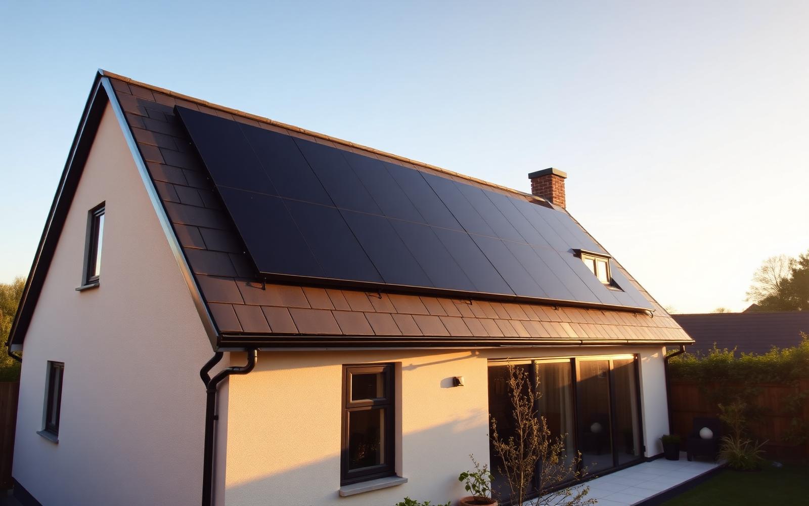 A UK home with black solar panels installed across its pitched roof in evening sunlight